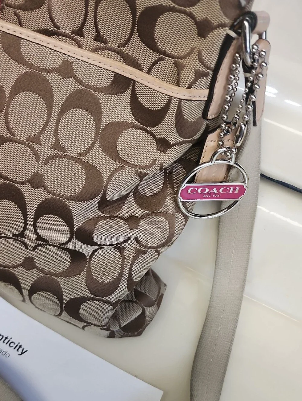 Coach Brown Signature Canvas Shoulder Bag with Pink Stripe and Matching Wallets
